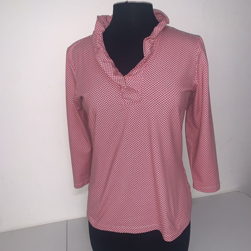 J. McLaughlin Durham Top Ruffle 3/4 Sleeve Red Catalina Cloth Med. Office Resort